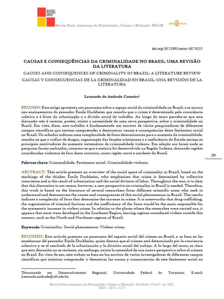 Criminalidade no Brasil: Causas e Efeitos | PDF | Sociologia | Crime ...