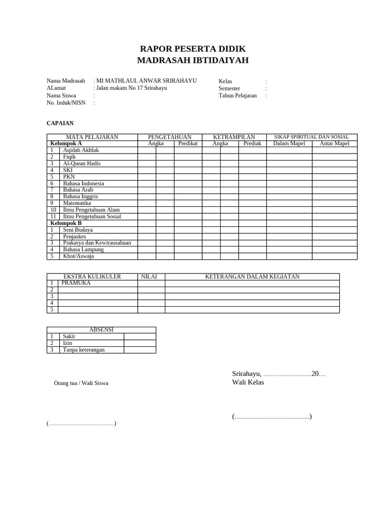 Rapor Siswa MI Mathlaul Anwar | PDF