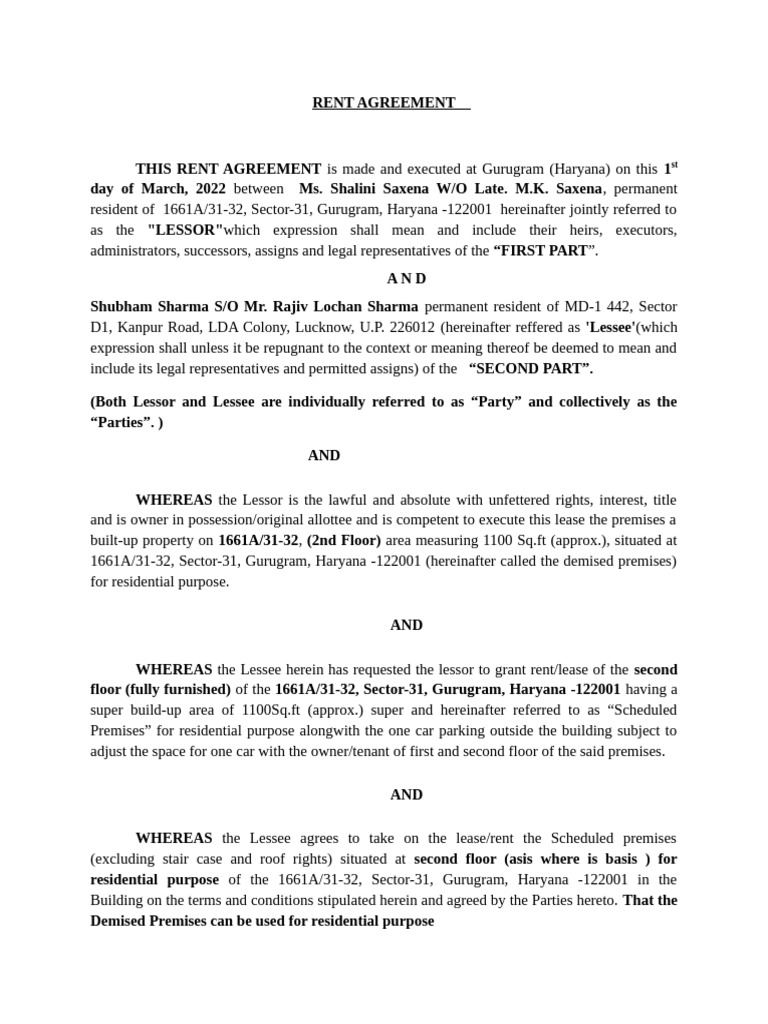 Rent Agreement 1661A Sec 31 Gurugram | PDF | Lease | Common Law
