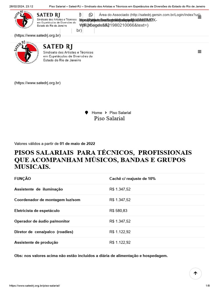 Tabela de Pisos Salariais Sated-RJ | PDF | Salário