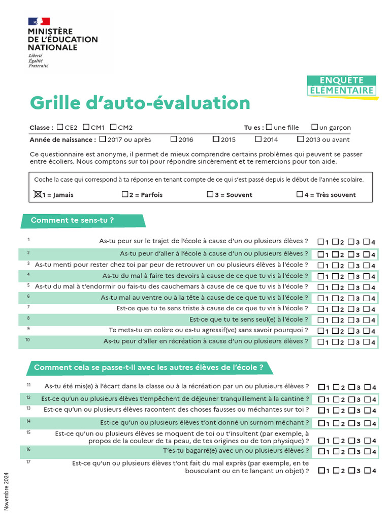Questionnaire d'auto-évaluation scolaire | PDF