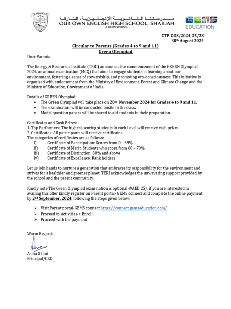 Green Olympiad 2024: Certificates & Details | PDF