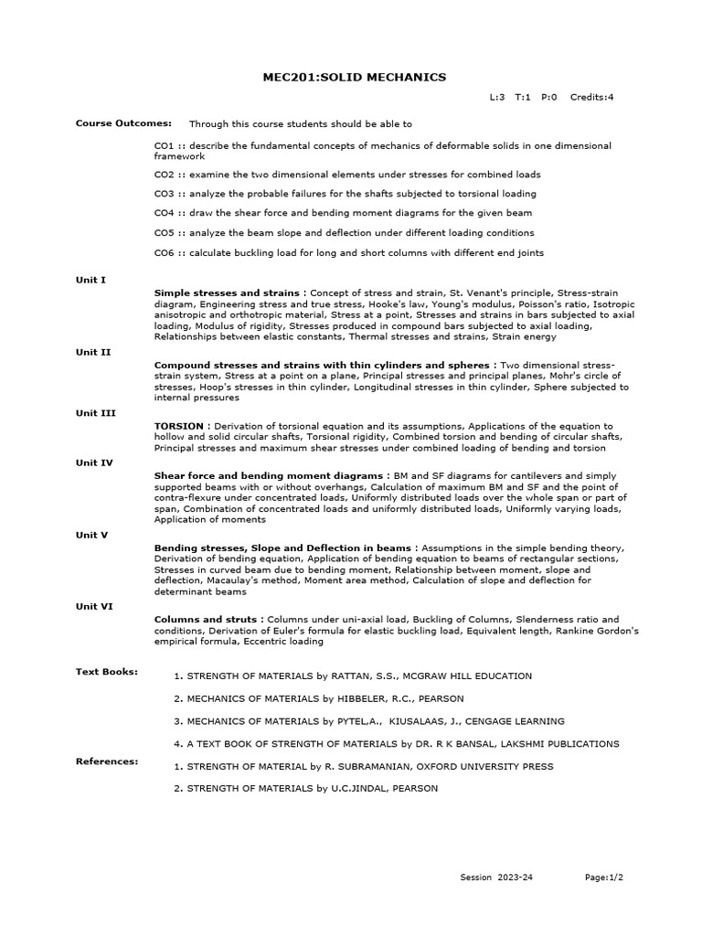 Syllabus Pdf Bending Stress Mechanics