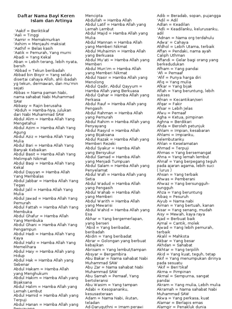 Daftar Nama  Bayi  Keren Islam Dan  Artinya 