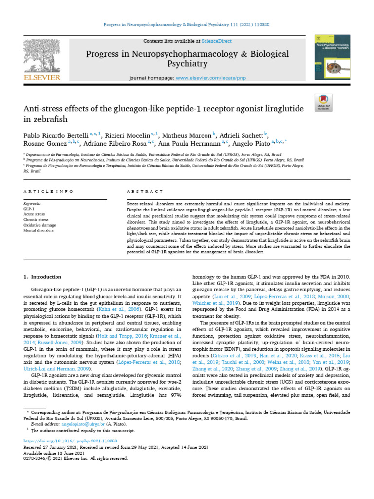 Anti-Stress Effects of The Glucagon-Like Peptide-1 Receptor Agonist ... - Glucagon Like Peptide For Anxiety
