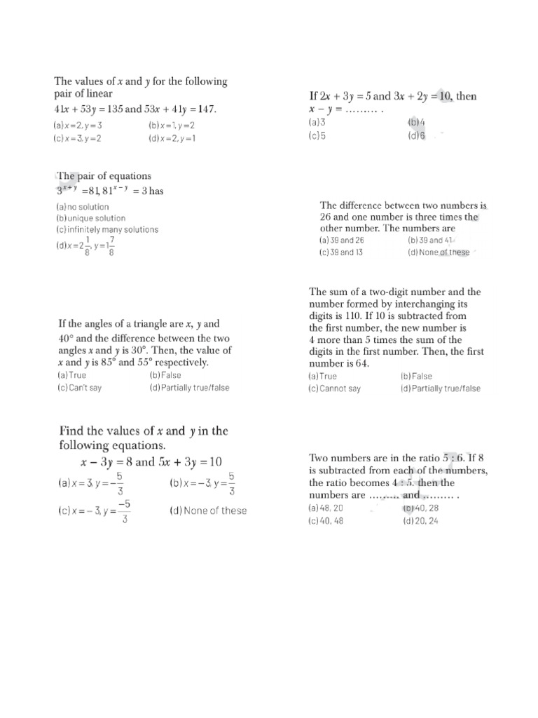 Maths Test 3 Linear Equa. in Two Variable Class 10 | PDF