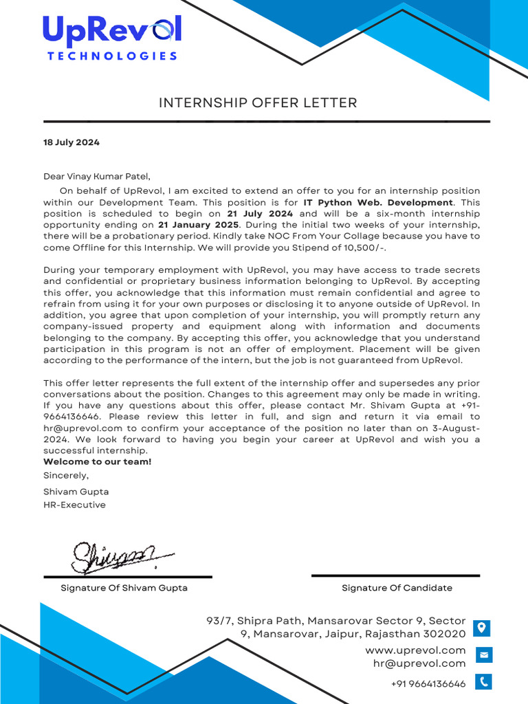 UpRevol Python Web Development Internship Offer | PDF