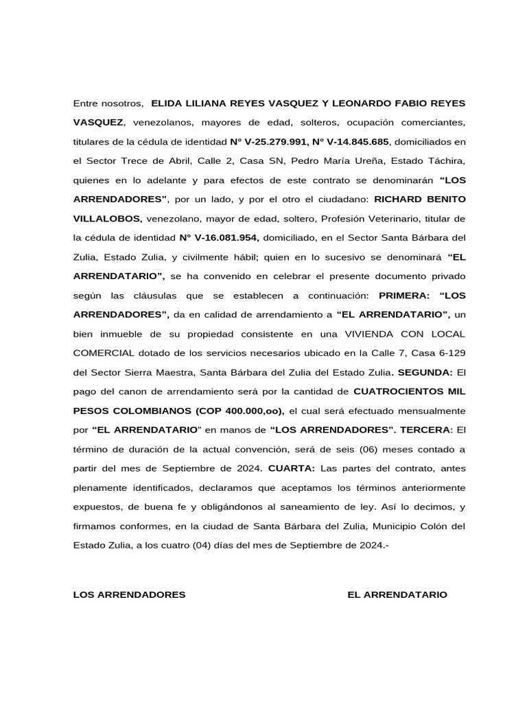 Contrato de Arrendamiento Elida Reyes | PDF