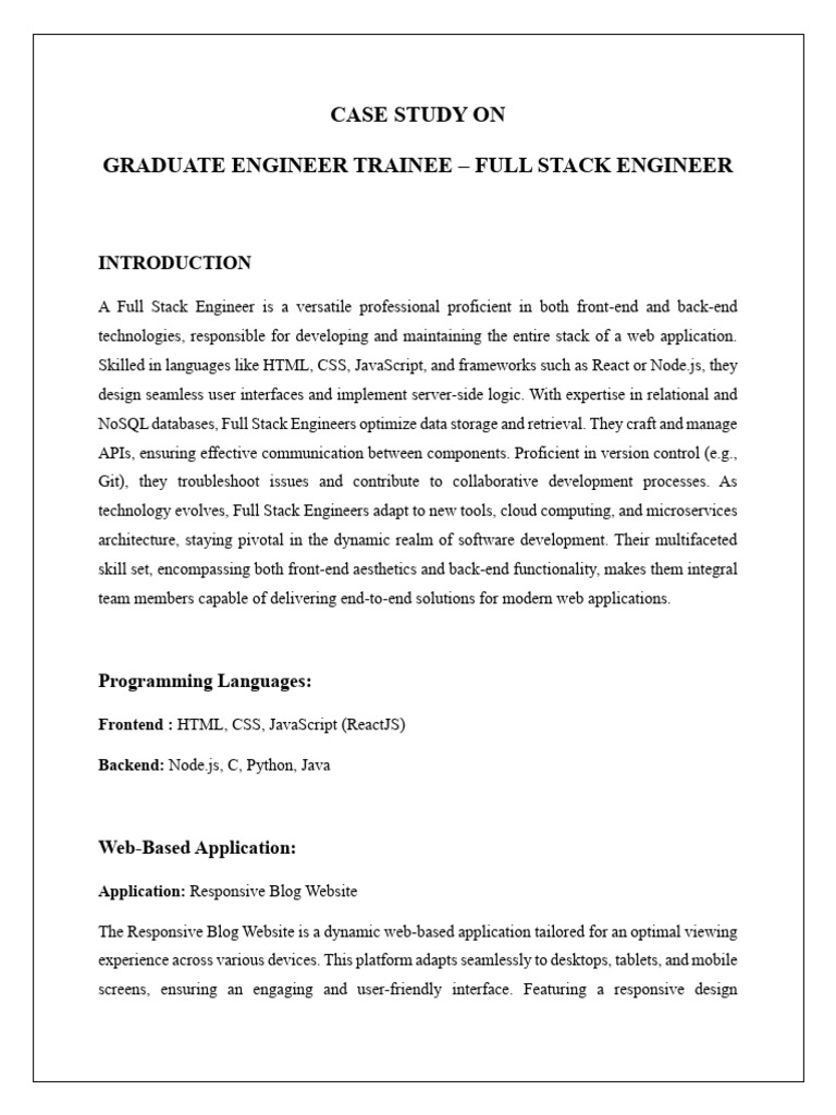 Full Stack Engineer Case Study Overview | PDF | Websites | Mobile App