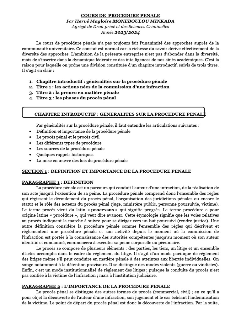 Cours de Procédure Pénale 2024 | PDF | Loi criminelle | Compétence