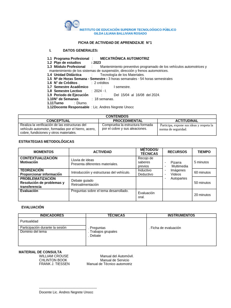 Ficha de Act 1 Tec. Mater. Negrete | PDF | Evaluación