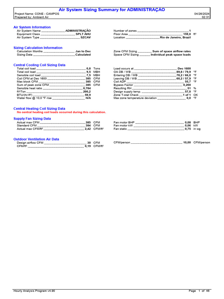 Air System Sizing Summary for CONE Project | PDF | Ventilation ...