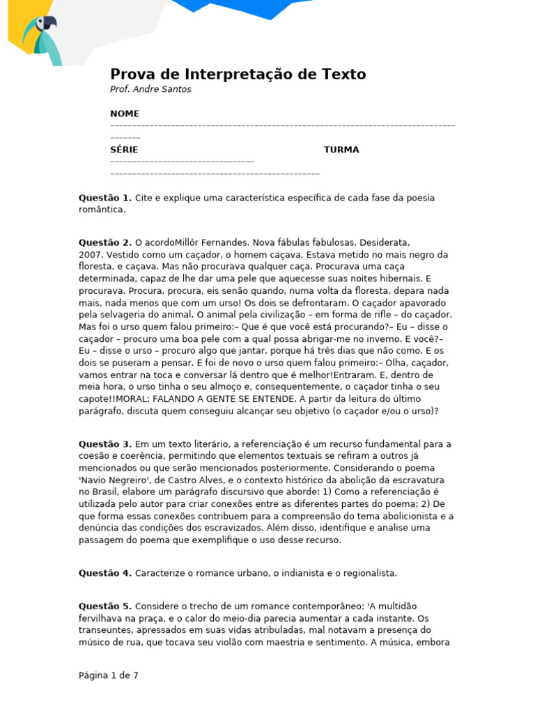 Prova de Interpretação de Texto Literário | PDF | Romantismo | Sociologia