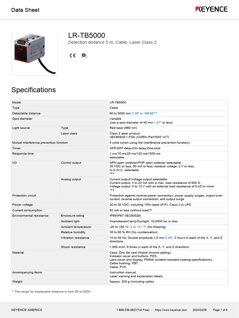 Keyence LR-TB5000 Data Sheet | PDF | Electrical Engineering ...