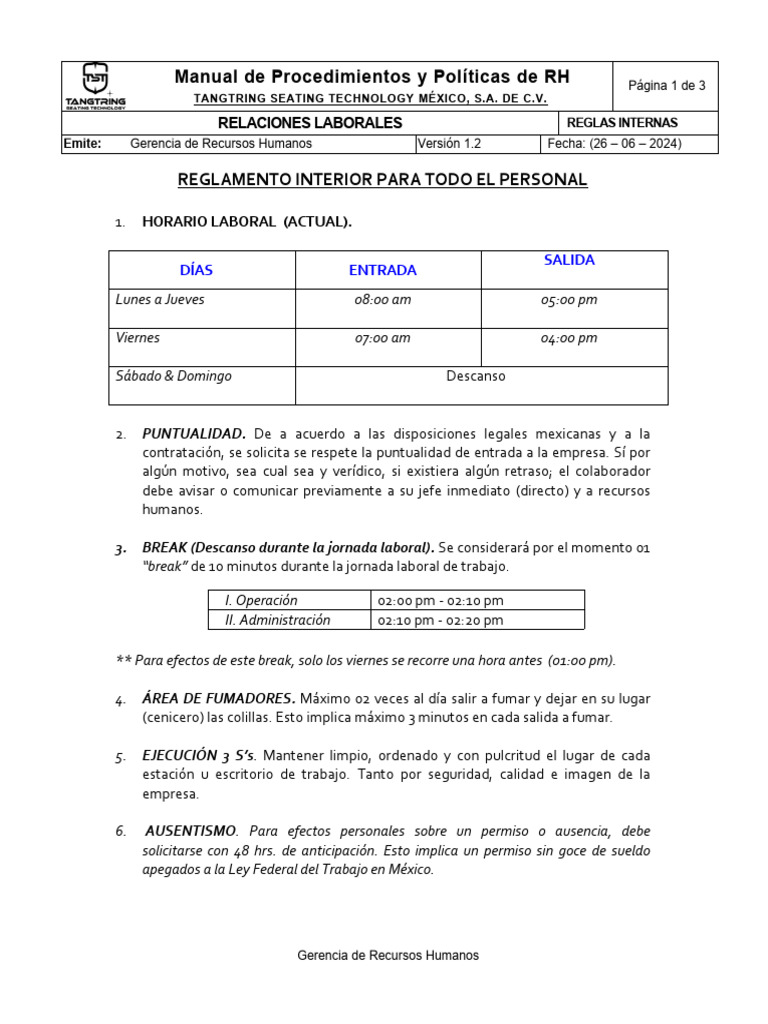 Reglamento Interior de Trabajo (V.1.2) | PDF | Gestión de recursos ...