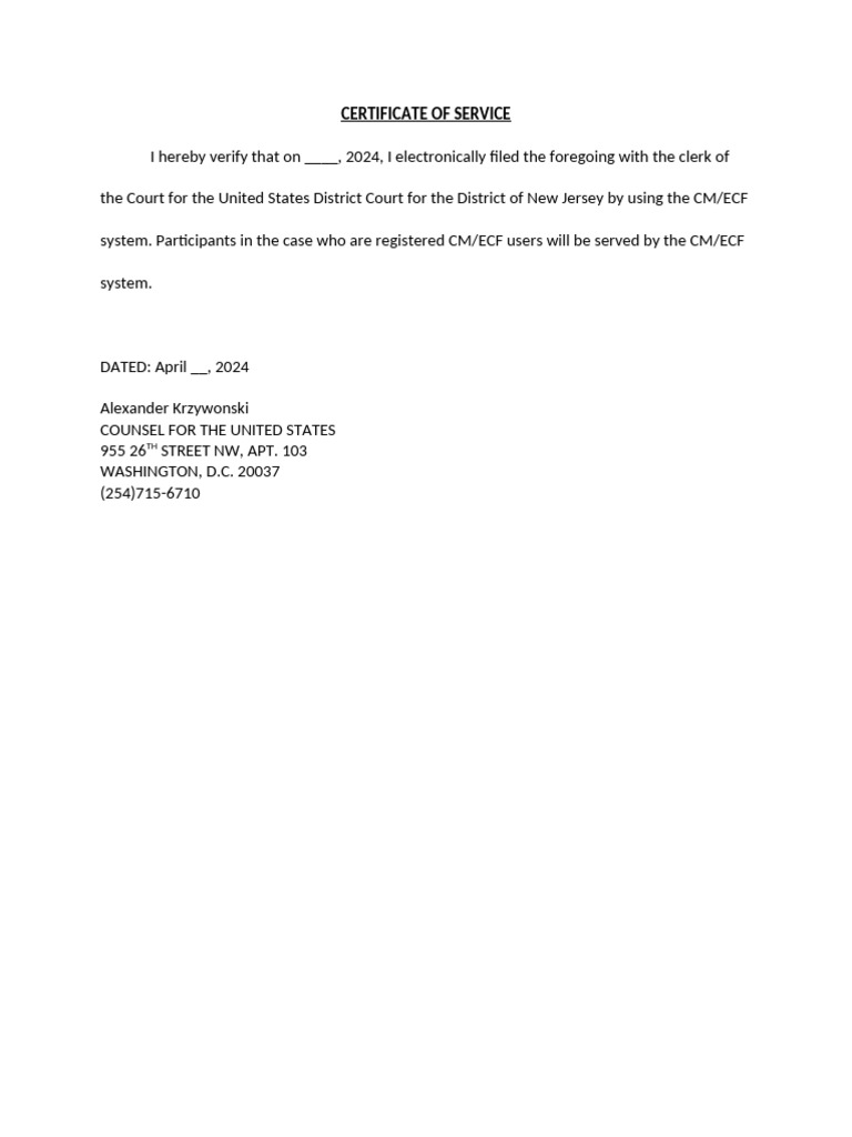 Certificate of Service for Court Filing | PDF