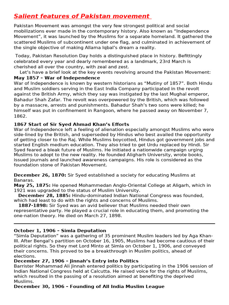 Key Events of the Pakistan Movement | PDF | All India Muslim League ...