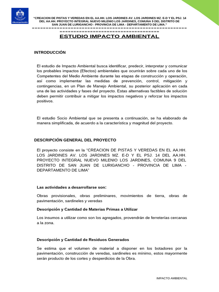Impacto Ambiental en Pistas y Veredas | PDF | Evaluación de impacto ...