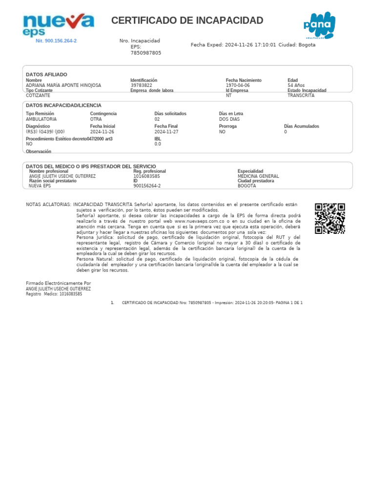 Certificado de Incapacidad - Nueva EPS | PDF