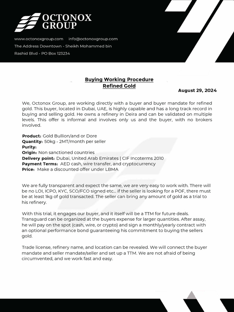 Octonox Group Gold Buying Procedure | PDF | Sales | Freight Transport