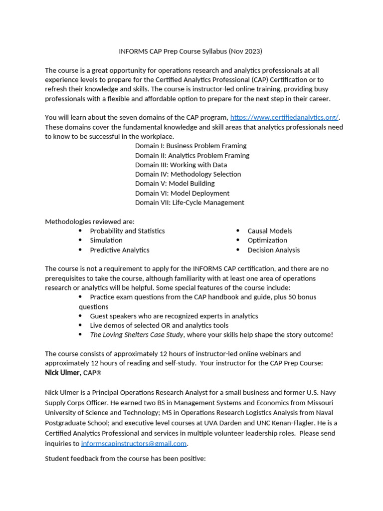 INFORMS CAP Prep Course Overview | PDF | Analytics | Operations Research