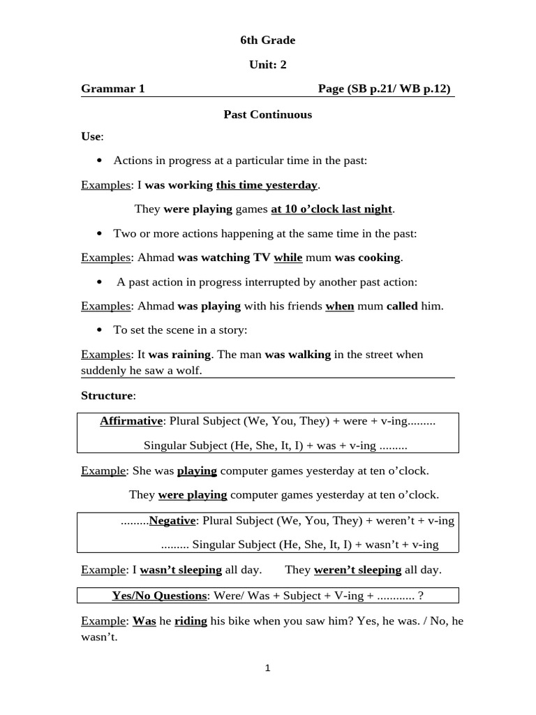 Past Continuous Grammar Guide for 6th Grade | PDF | Language Mechanics ...