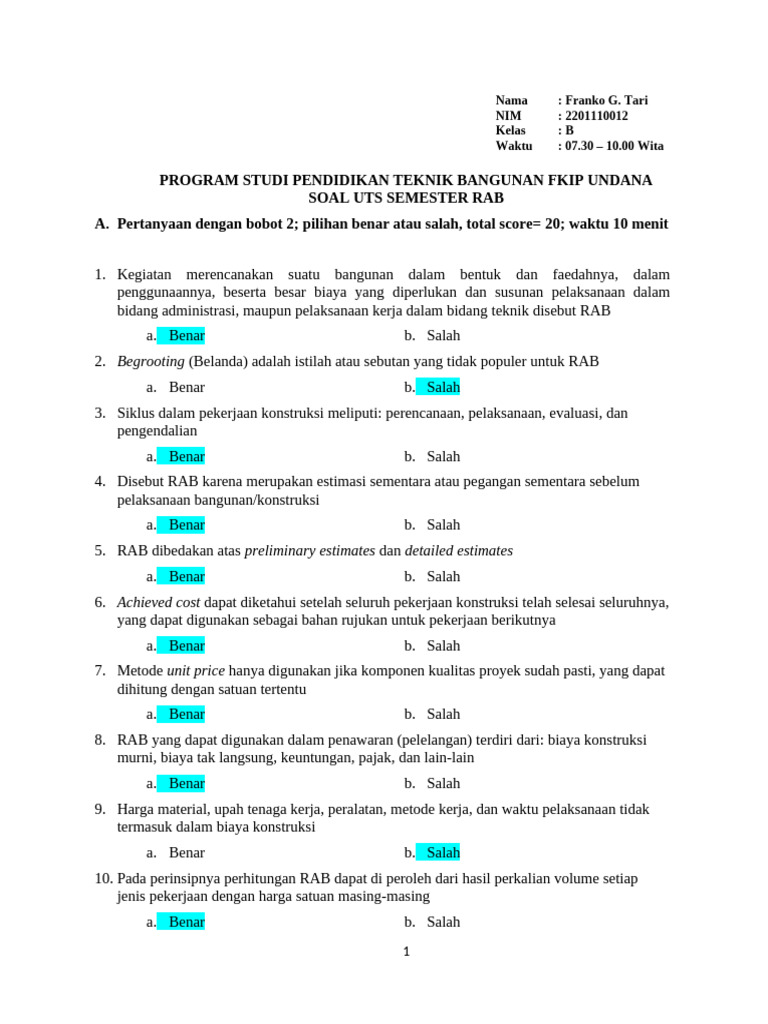 Soal UTS RAB Pendidikan Teknik Bangunan | PDF