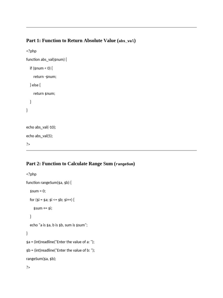 PHP Functions: Absolute Value & Range Sum | PDF