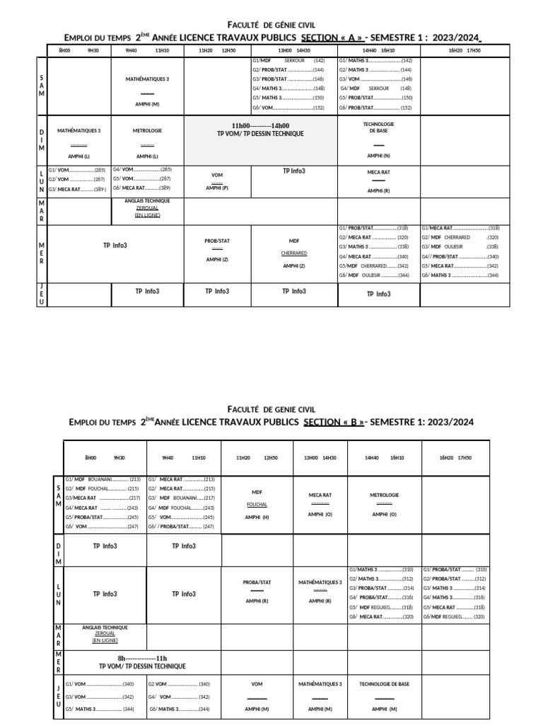 Emploi Du Temps l2 TP s1 2023 2024. V Finale 24 Sept 2 | PDF