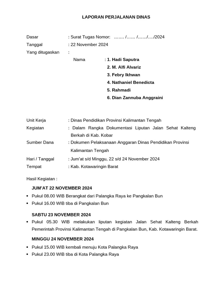 Laporan Perjalanan Dinas Kalteng 2024 | PDF