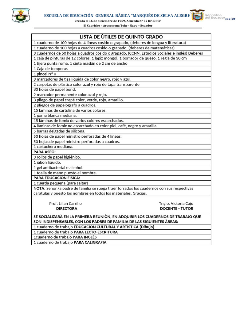 Lista de Ùtiles de Quinto Grado 2023-2024 | PDF