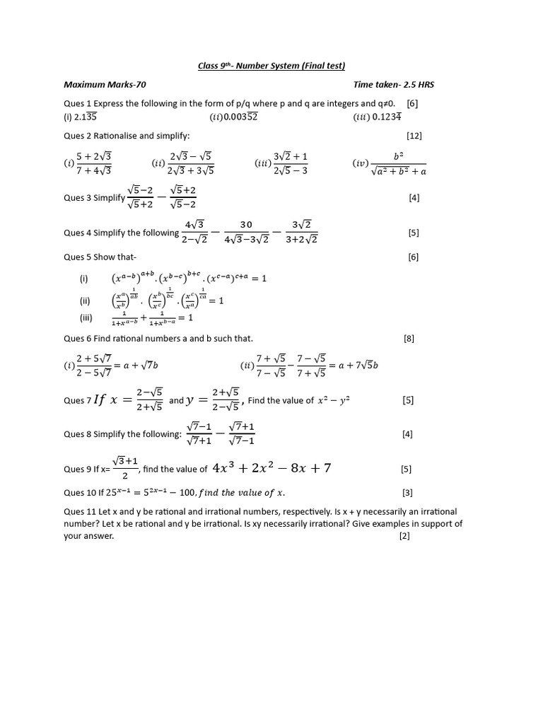 Class 9 Number System Final Test | PDF | Mathematical Concepts ...