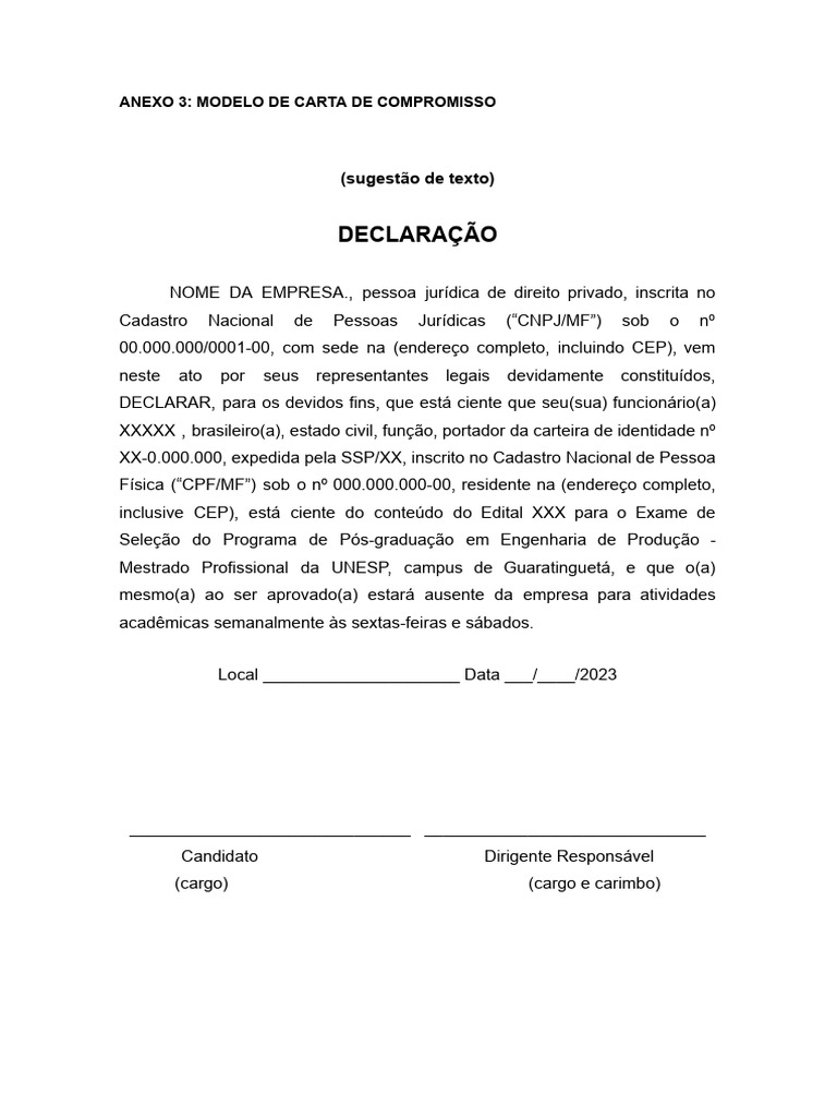 Modelo de Carta de Compromisso | PDF
