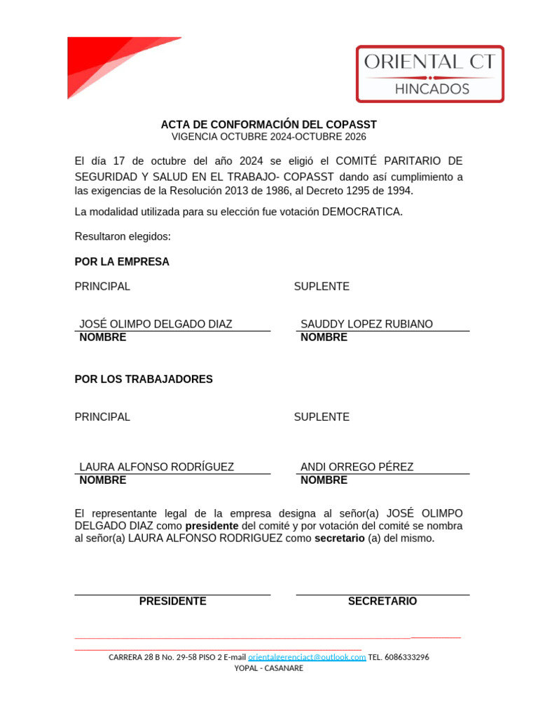 Acta de Conformacion COPASST | PDF