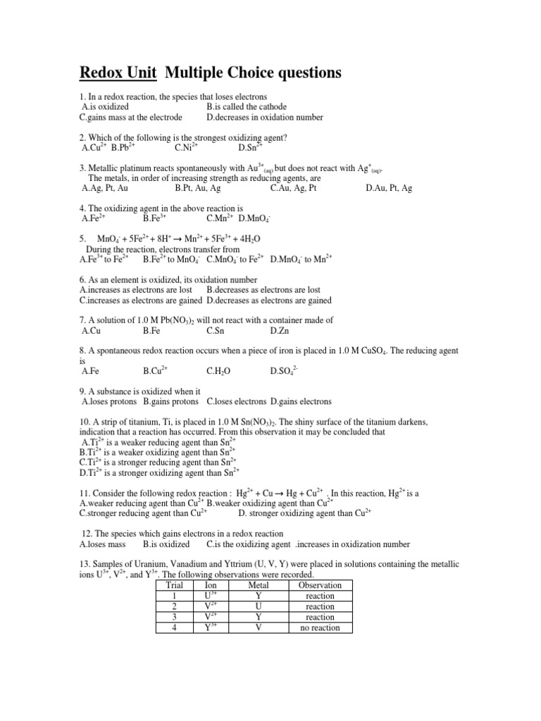 Unit 5 Practice Test Multiple Choice Redox Electrochemistry
