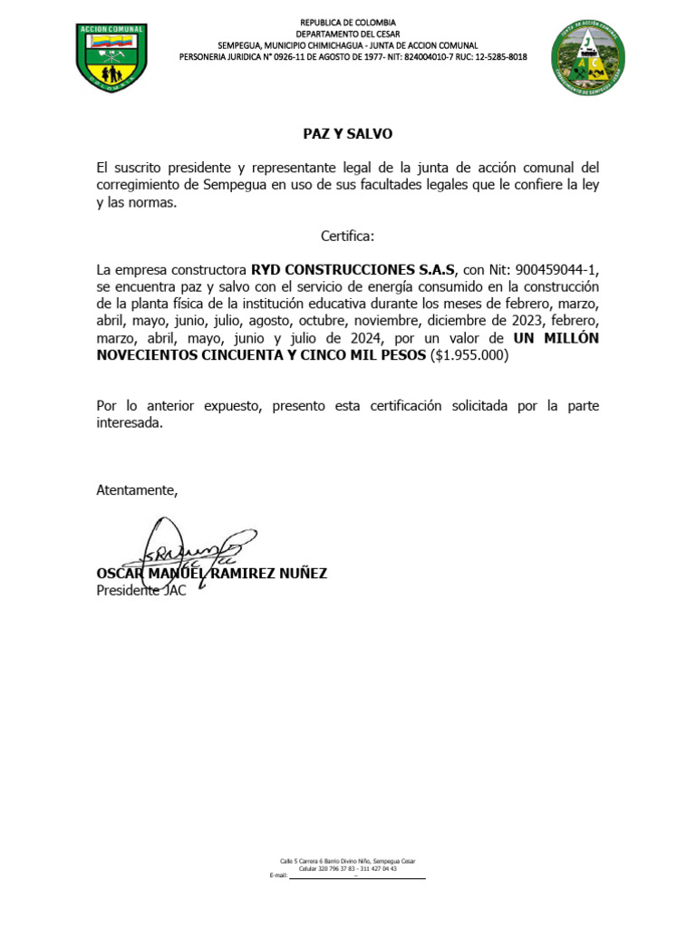 Certificación de Paz y Salvo Energía 2023-2024 | PDF