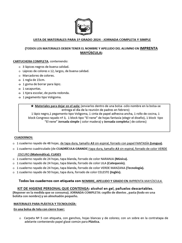 Lista de Materiales 1 - 2024 | PDF | Cuaderno | Lápiz