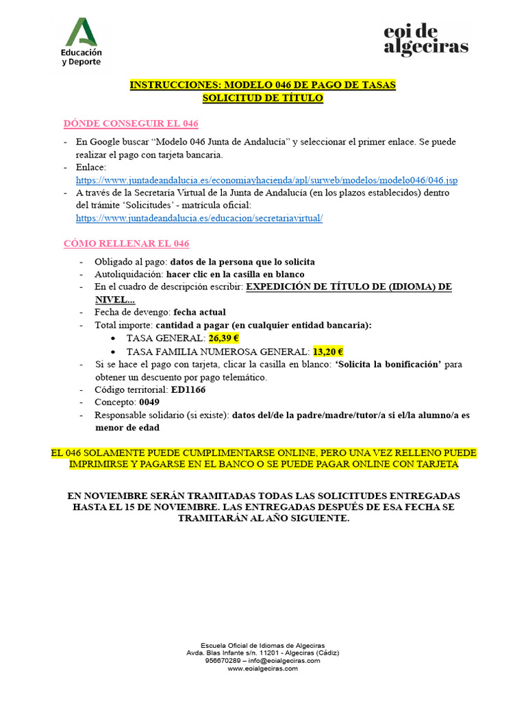 Instrucciones para rellenar el modelo 046 solicitud de titulos pdf
