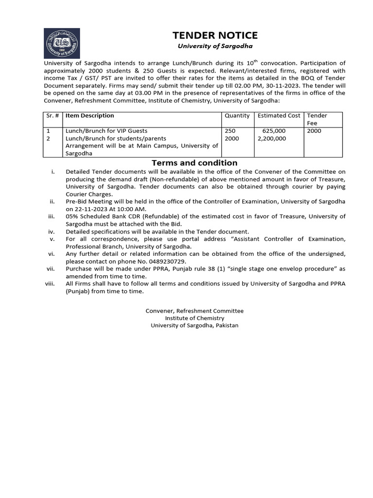 Tender Notice 10th Convocation 2023 - 1699965797 | PDF | Government ...