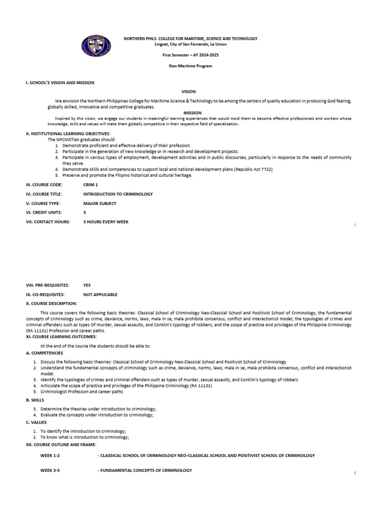 Syllabus In Crim 1 Pdf Criminology Crimes