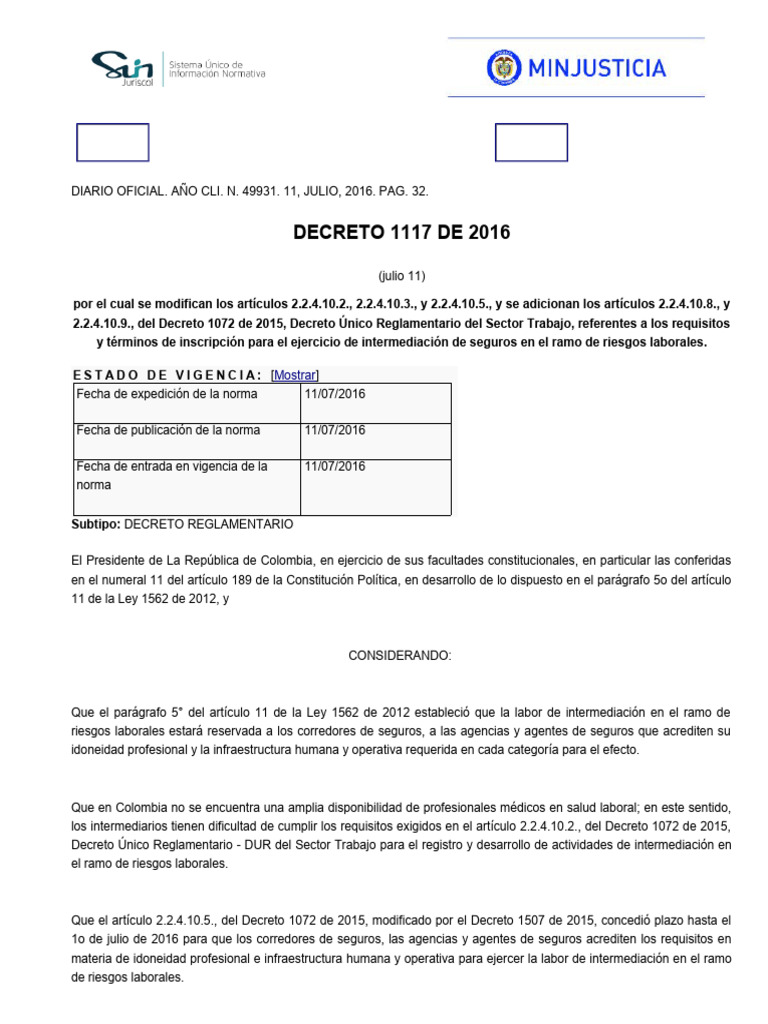 Modificaciones al Decreto 1117 de 2016 | PDF | Derecho laboral