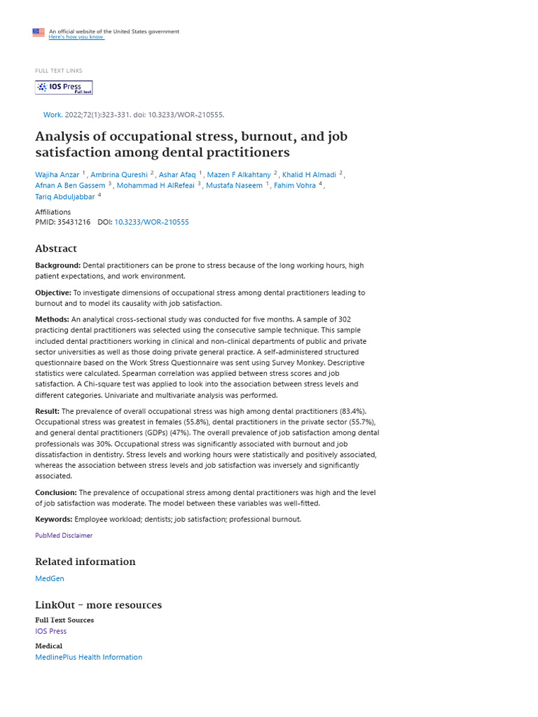Analysis of Occupational Stress, Burnout, and Job Satisfaction Among ...
