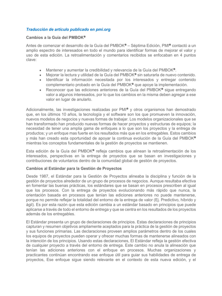 Cambios Clave en la Séptima Edición PMBOK | PDF | Gestión de proyectos ...