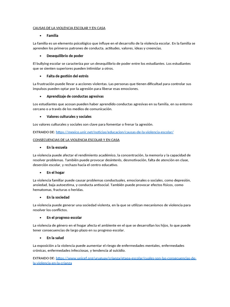 Causas y Consecuencias de la Violencia Escolar | PDF