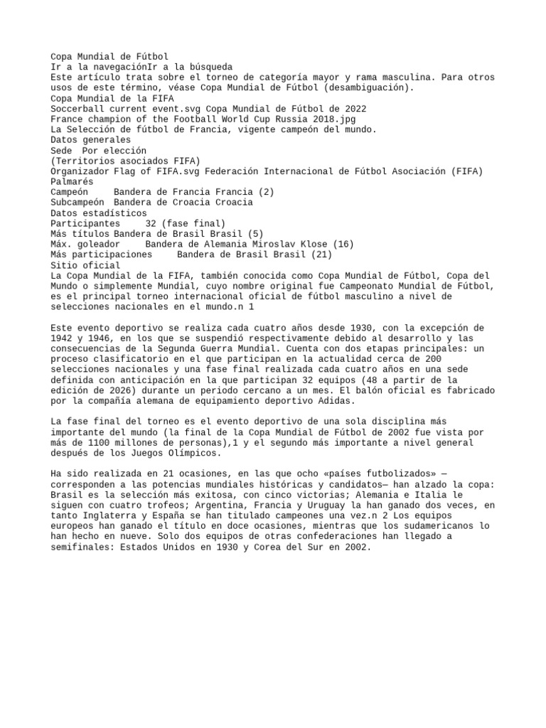 Historia y datos de la Copa Mundial de Fútbol | PDF | FIFA Copa del ...