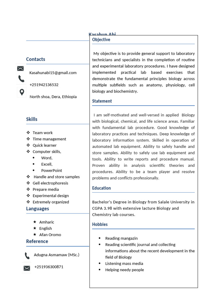 CV Kasa Lab Assis | PDF | Laboratories | Cognition