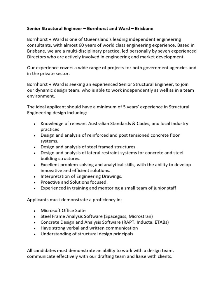 Senior Structural Engineer Position in Brisbane | PDF | Engineering ...
