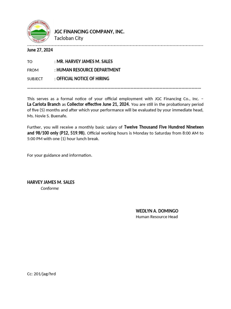Official Notice of Hiring - Sales | PDF
