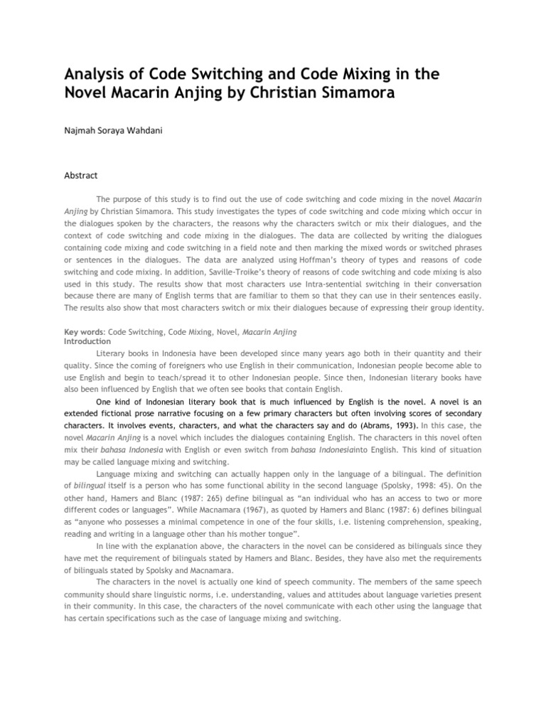 Analysis of Code Switching and Code Mixing in The Novel Macarin Anjing ...