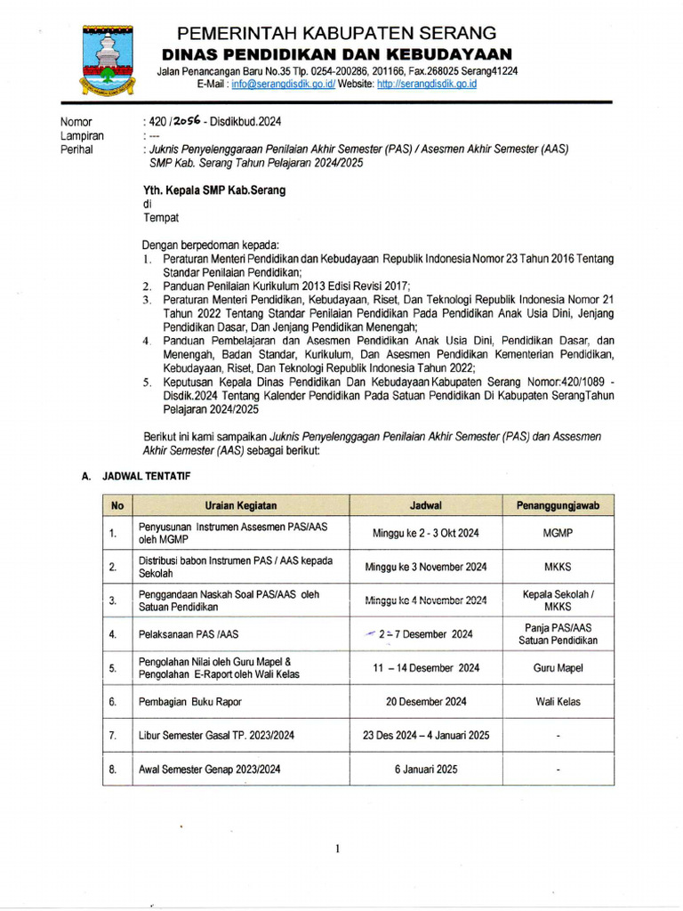 Juknis Penyelenggaraan PAS Tahun Pelajaran 2024-2025 | PDF